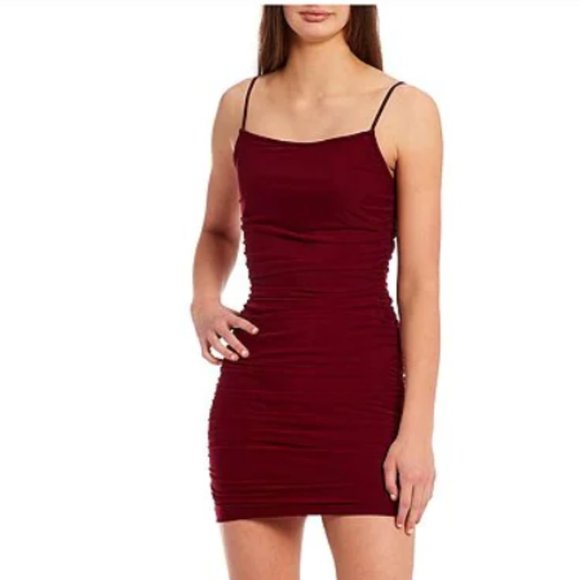 Sleeveless Spaghetti Strap Square Neck Ruched Stretch Sheath Dress - Picture 1 of 11